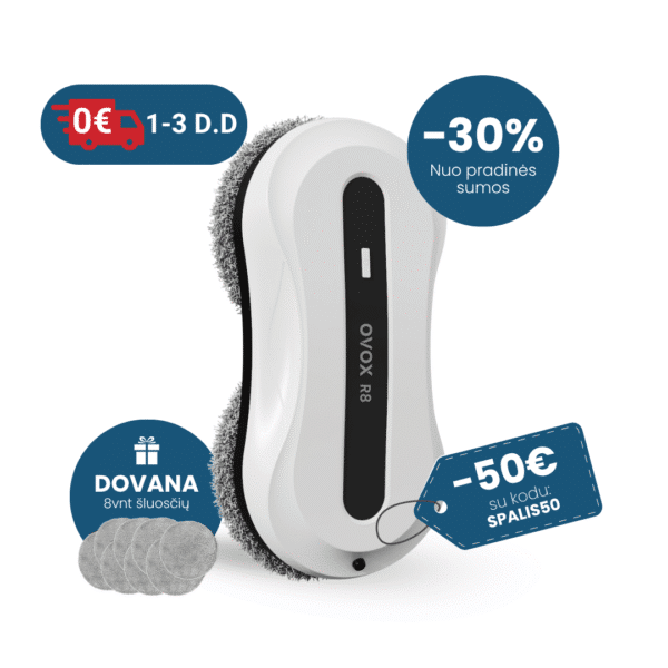 Langų valymo robotas su dvipuse purškimo sistema ,,OVOX R8" (2025 m. modelis)