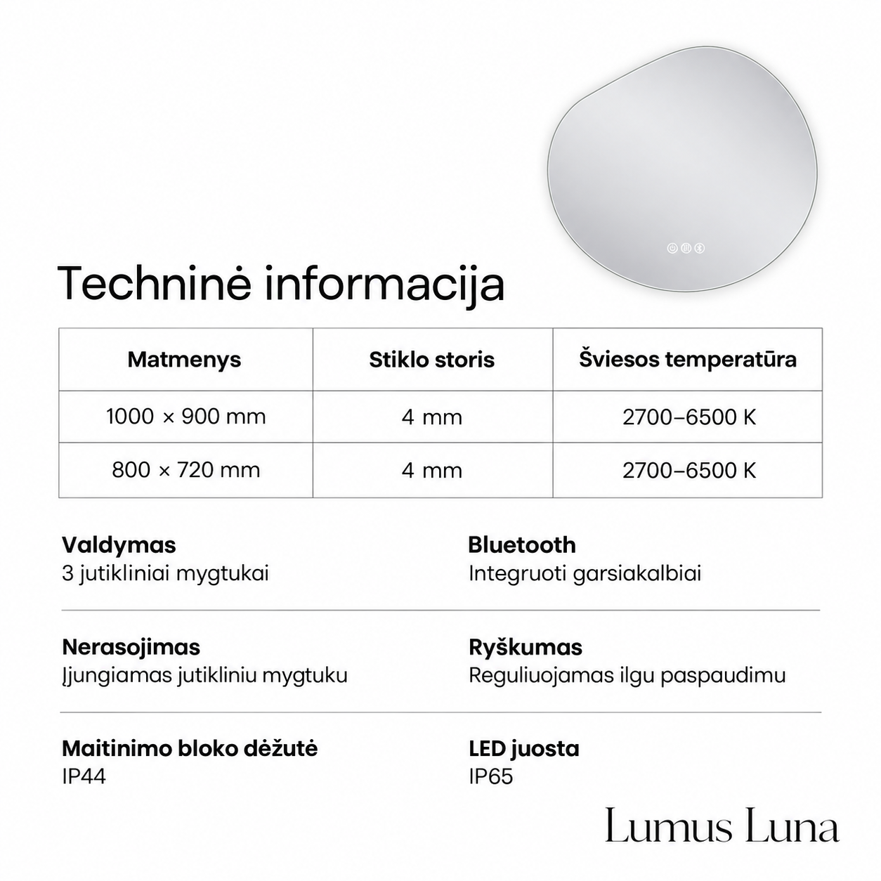Išmanus veidrodis su LED apšvietimu Lumus Luna - Image 10