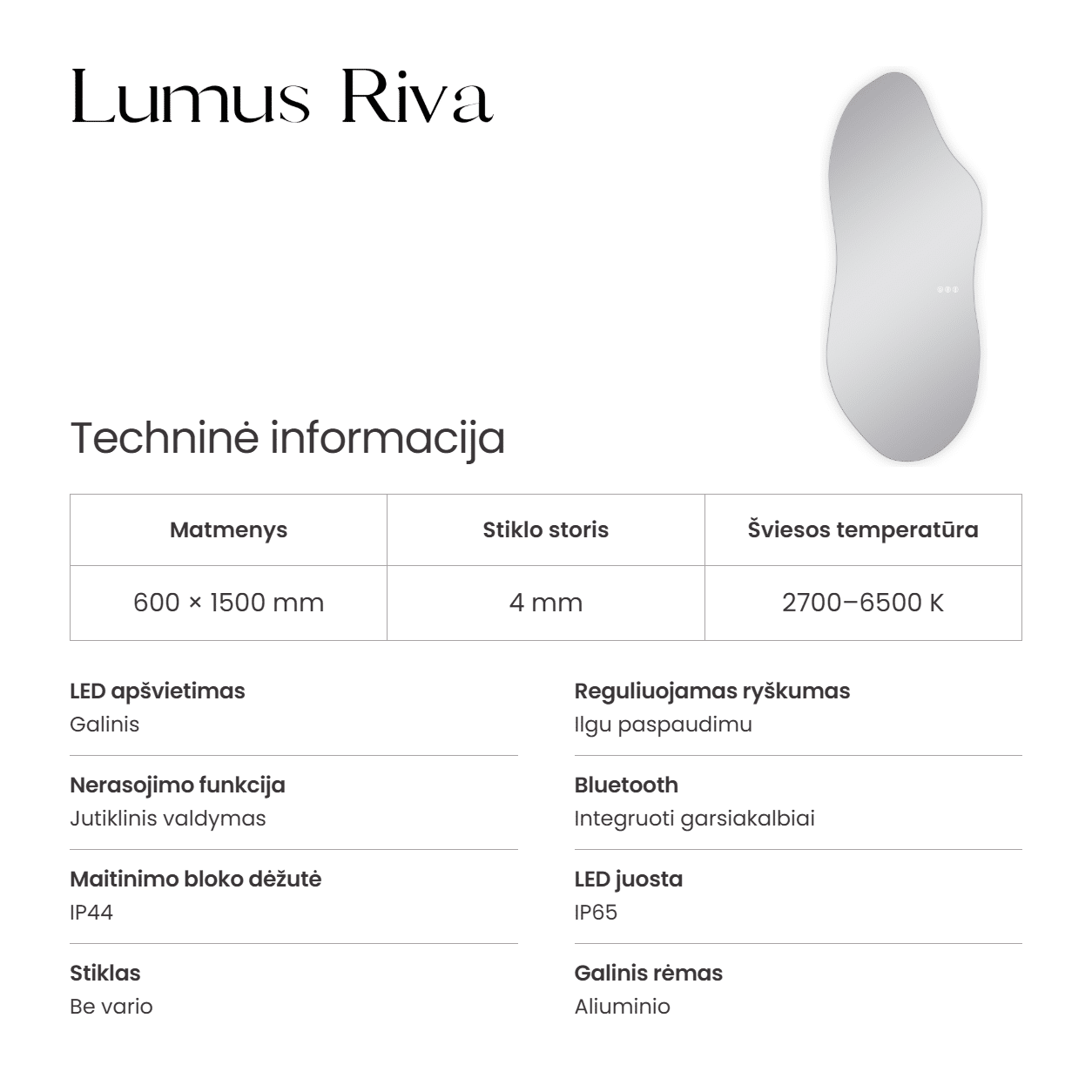 Išmanus veidrodis su LED apšvietimu Lumus Riva - Image 9