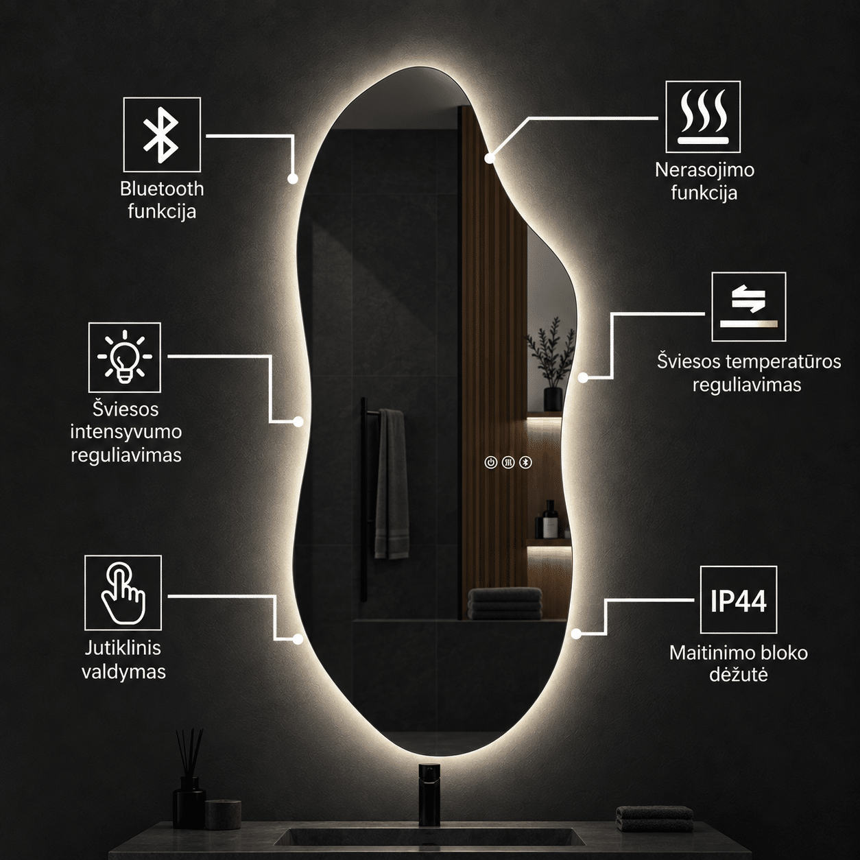 Išmanus veidrodis su LED apšvietimu Lumus Riva - Image 2